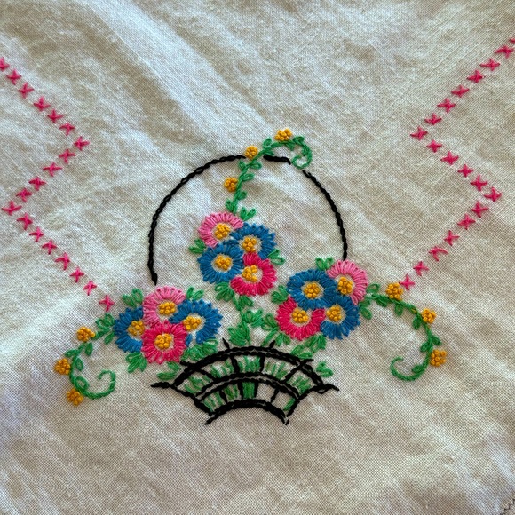 VTG Cross Stitched & Embroidered Floral Baskets Tea Towel Table Top Linen 30” - Picture 11 of 12
